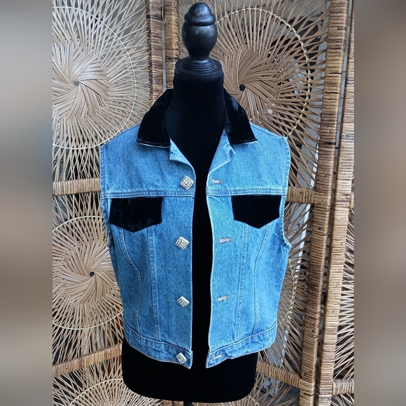Vintage Elizabeth Collier and Company Stylish Blue W Velvet Denim Vest_Med - Picture 1 of 6